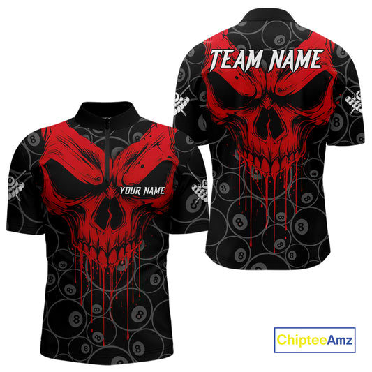 Personalized Skull 8 Ball Billiard Shirt For Men Custom Pool Team Jersey Polo & 1/4 Zip |Red TDM5069