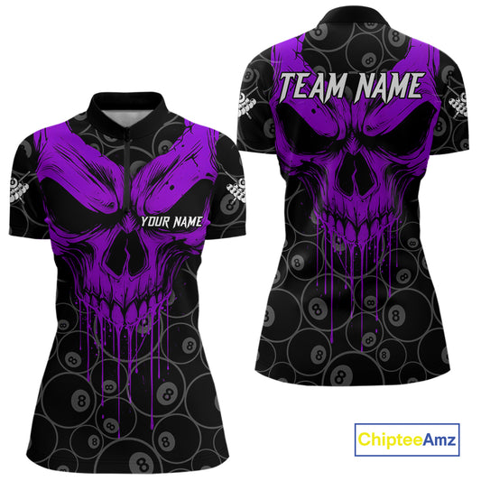 Personalized Skull 8 Ball Billiard Shirt For Women Custom Pool Team Jersey Polo & 1/4 Zip |Purple TDM5070