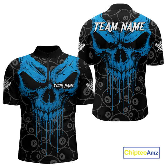 Personalized Skull 8 Ball Billiard Shirt For Men Custom Pool Team Jersey Polo & 1/4 Zip |Blue TDM5071