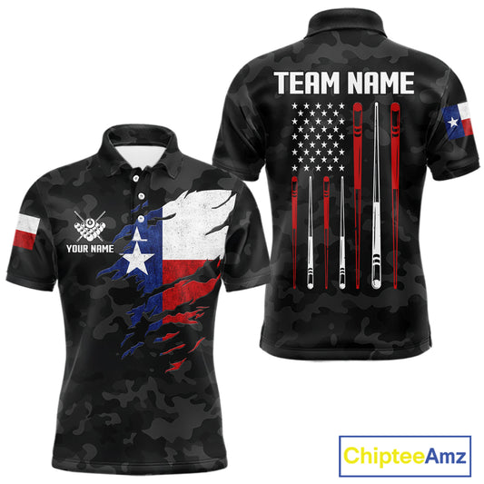 Personalized Texas American Flag Camo Billiard Shirt For Men Custom Patriotic Pool Team Jersey TDM5542