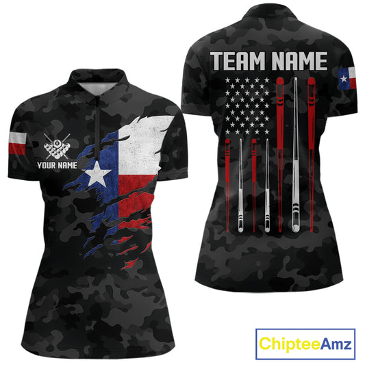 Personalized Texas American Flag Camo Billiard Shirt For Women Custom Patriotic Pool Team Jersey TDM5542