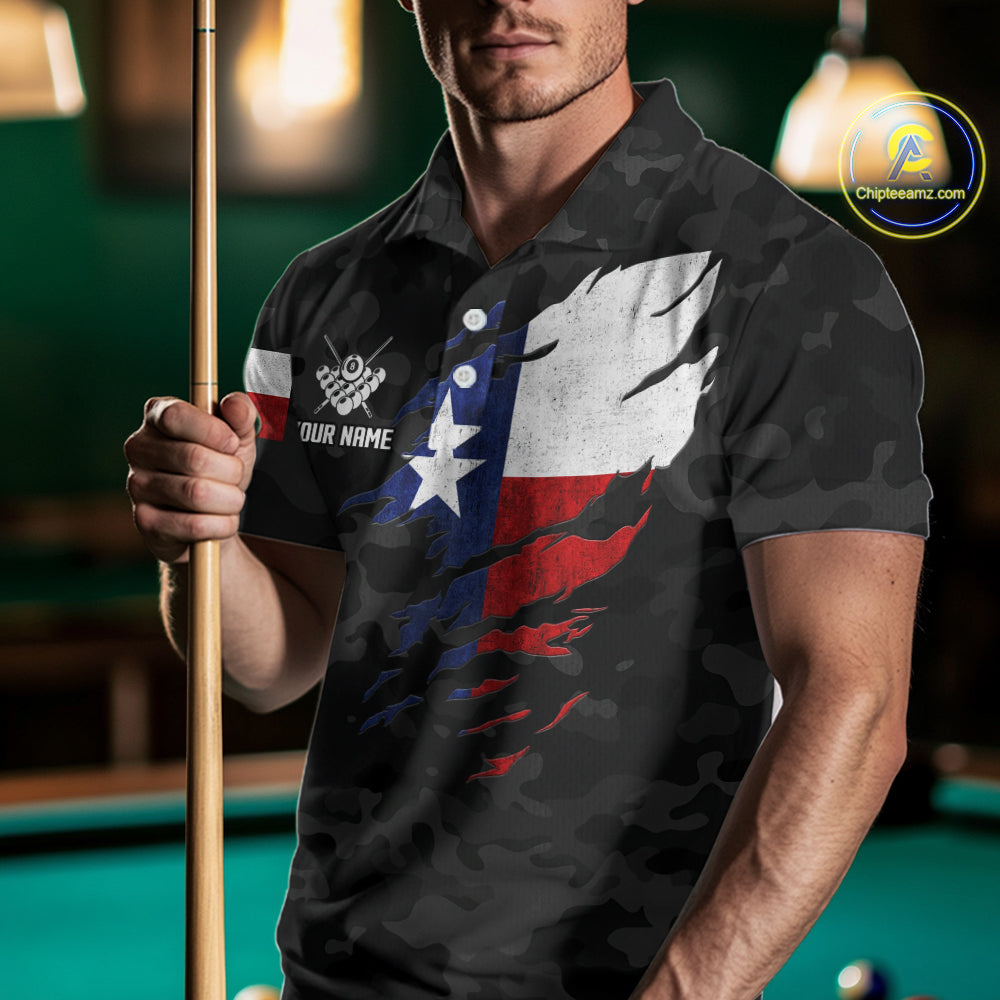 Personalized Texas & American Flag Camo Billiard Shirt For Men Custom Patriotic Pool Team Jersey TDM5543