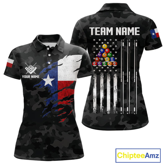 Personalized Texas & American Flag Camo Billiard Shirt For Women Custom Patriotic Pool Team Jersey TDM5543