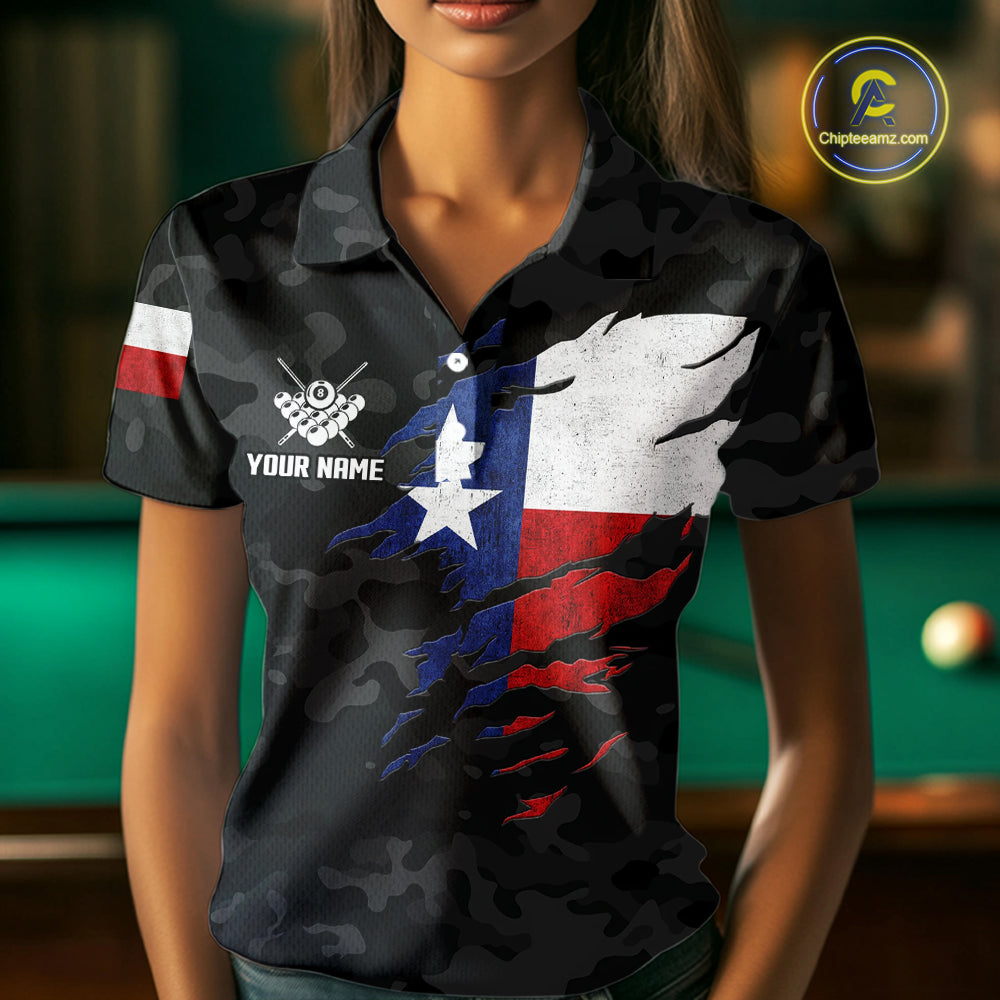 Personalized Texas & American Flag Camo Billiard Shirt For Women Custom Patriotic Pool Team Jersey TDM5543