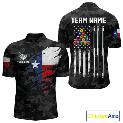 Personalized Texas & American Flag Camo Billiard Shirt For Men Custom Patriotic Pool Team Jersey TDM5543