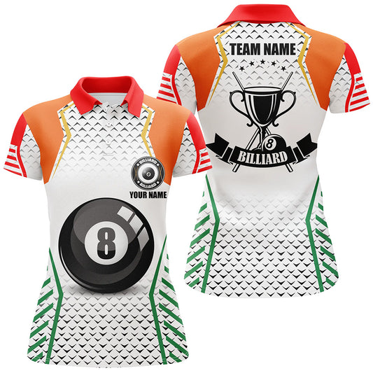 Personalized Orange & Green Billiard Jerseys Polo Shirts For Women, 8 Ball Pool Billiard Uniform TDM1310