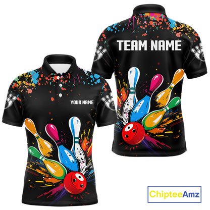 Bowling-themed shirt with colorful design and space for team name and player name.