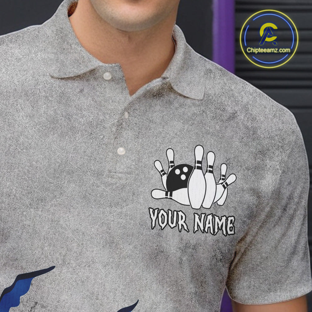 Close up of collar, chest and button details on a blue grunge scratch men's bowling polo shirt.