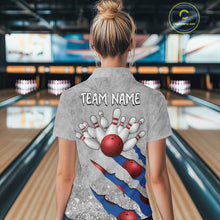 Load image into Gallery viewer, Back view of woman wearing a blue grunge scratch bowling polo shirt, custom bowling team jersey design.
