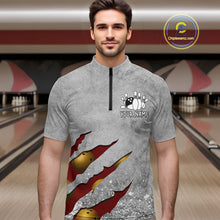 Load image into Gallery viewer, Man wearing a red grunge scratch quarter zip bowling shirt front view, personalized bowling team apparel.