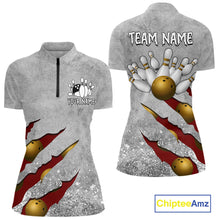 Load image into Gallery viewer, Red grunge scratch quarter zip bowling shirt for women, custom bowling team jersey and tournament apparel.