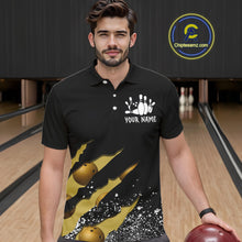 Load image into Gallery viewer, Man wearing a yellow black grunge scratch bowling polo shirt front view, custom bowling league jersey for men.