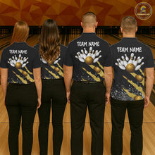 Load image into Gallery viewer, Back view of bowling team wearing matching yellow black bowling league jerseys.