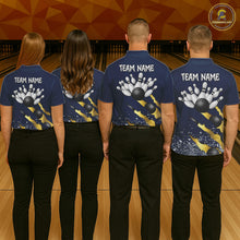 Load image into Gallery viewer, Back view of bowling team wearing matching navy blue and gold bowling league jerseys.