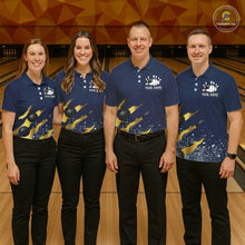 Load image into Gallery viewer, Bowling team wearing matching navy blue and gold grunge scratch custom bowling jerseys front view.