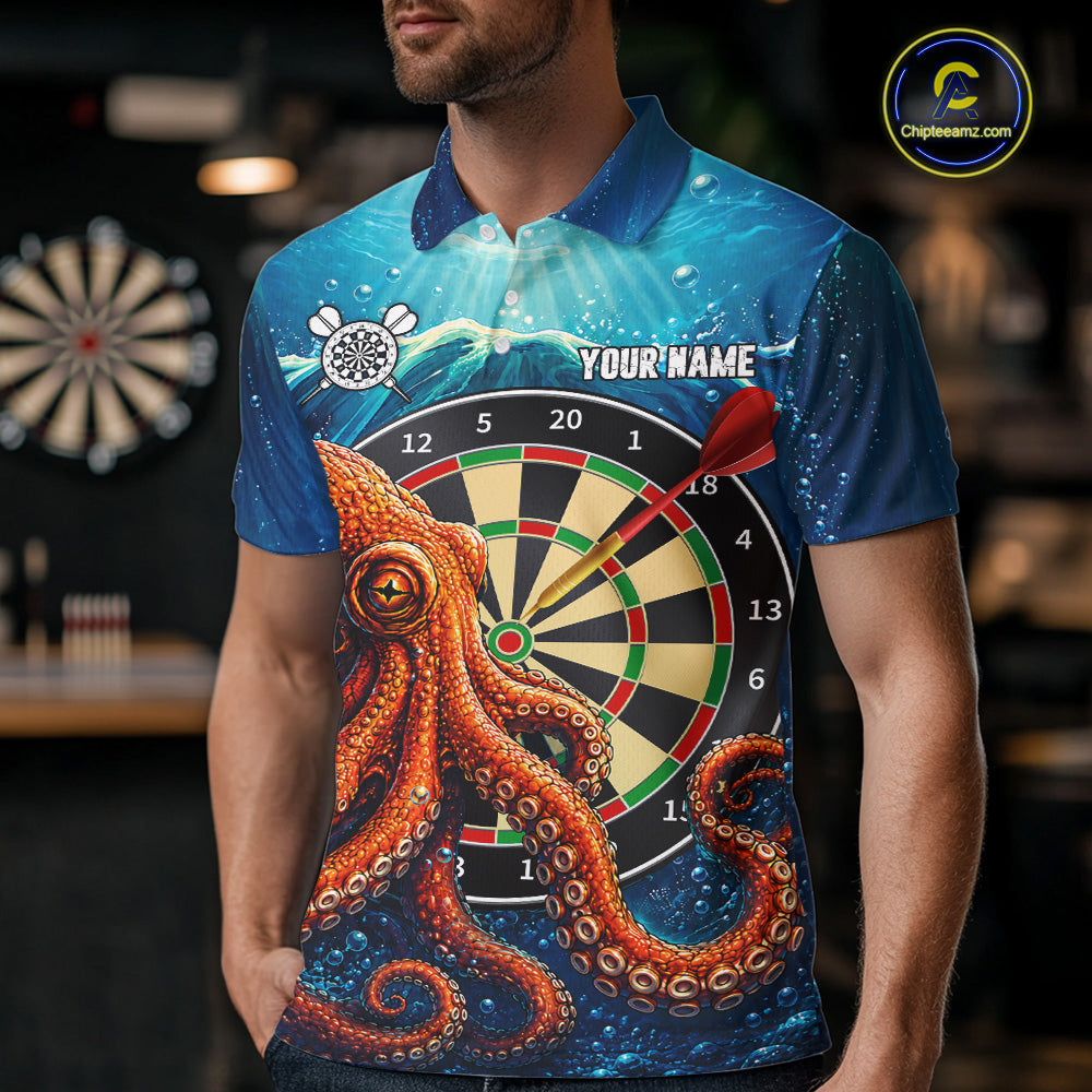 Man Wearing Personalized Blue Funny Ocean Octopus Darts Polo Shirt with Athletic Performance Fit and Vibrant Ocean Graphic Artwork, Front View