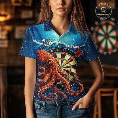 Woman Wearing Personalized Blue Funny Ocean Octopus Darts Polo Shirt with Athletic Performance Fit and Vibrant Ocean Inspired Graphic Artwork, Front View