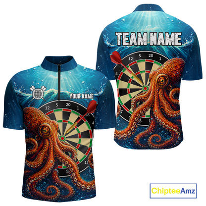 Personalized Blue Funny Ocean Octopus Quarter Zip Darts Shirt Created for Dart League Teams with Performance Fabric and Custom Tournament Ready Design