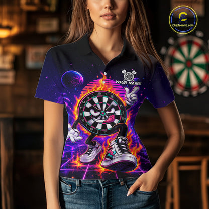 Woman Wearing Personalized Funny Flame Dartboard Neon Darts Polo Shirt with Athletic Performance Fit and Bright Neon Graphic Artwork, Front View