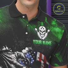 Load image into Gallery viewer, Green Flaming American Flag Skull Bowling Shirt For Men Custom Fire Bowling Team Jersey TDM4656