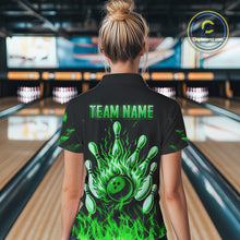 Load image into Gallery viewer, Green Flaming American Flag Skull Bowling Shirt For Women Custom Fire Bowling Team Jersey TDM4656