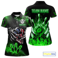 Load image into Gallery viewer, Green Flaming American Flag Skull Bowling Shirt For Women Custom Fire Bowling Team Jersey TDM4656