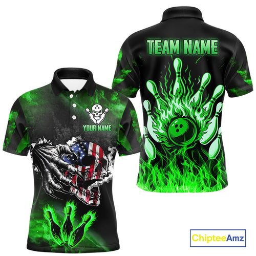 Green Flaming American Flag Skull Bowling Shirt For Men Custom Fire Bowling Team Jersey TDM4656