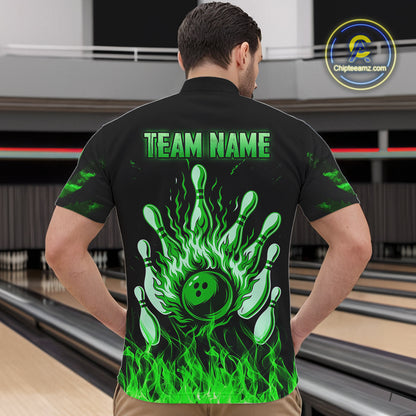 Green Flaming American Flag Skull Bowling Shirt For Men Custom Fire Bowling Team Jersey TDM4656