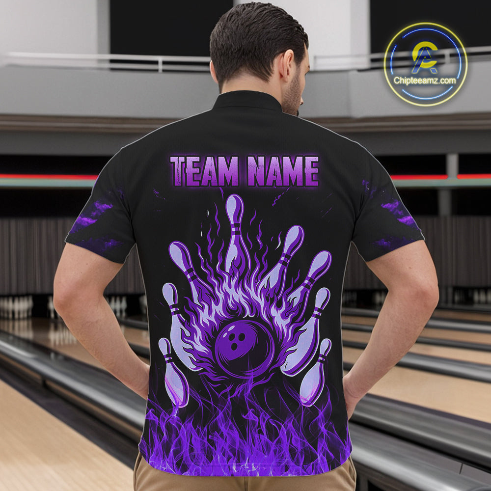 Purple Flaming American Flag Skull Bowling Shirt For Men Custom Fire Bowling Team Jersey TDM4657