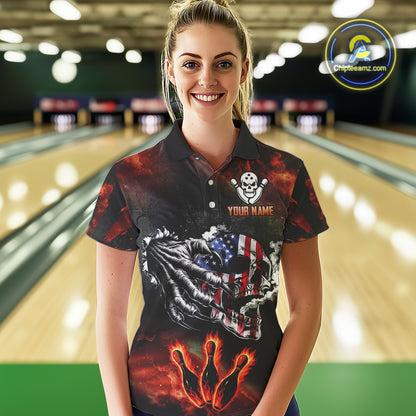 Red Flaming American Flag Skull Bowling Shirt For Women Custom Fire Bowling Team Jersey TDM4658