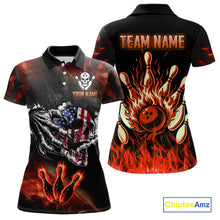 Load image into Gallery viewer, Red Flaming American Flag Skull Bowling Shirt For Women Custom Fire Bowling Team Jersey TDM4658