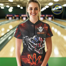 Load image into Gallery viewer, Red Flaming American Flag Skull Bowling Shirt For Women Custom Fire Bowling Team Jersey TDM4658