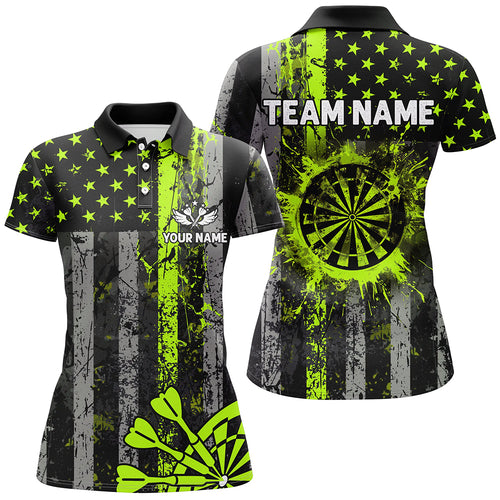 Custom Green Neon Grunge US Flag Patriotic Dart Shirt For Women, Retro Darts Board Darts Team Jersey TDM2576