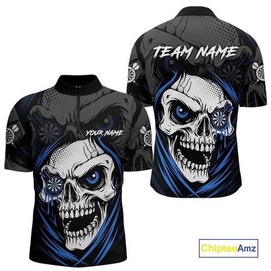 Personalized Funny Skull Darts Shirts For Men Custom Darts Jersey Team Polo & Quarter Zip |Blue TDM5296