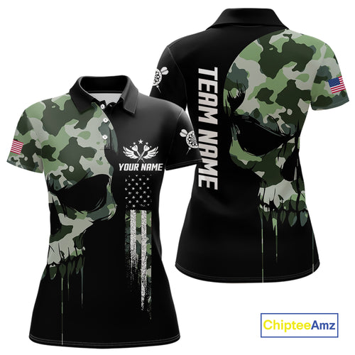 Green Camouflage Skull Darts Shirt For Women Custom Patriotic US Flag Darts Jersey Polo & 1/4 Zip TDM5300