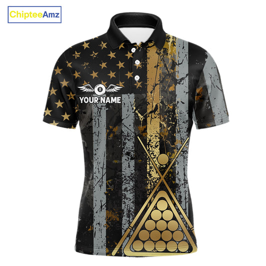 Custom Golden Grunge US Flag Patriotic Men's Billiard Shirt, 8 Ball Pool Jersey Polo & 1/4 Zip TDM6176