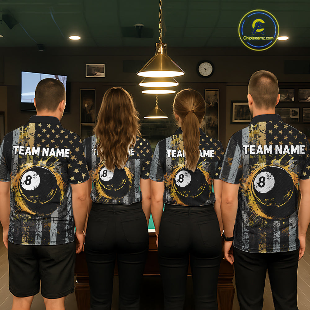 Custom Golden Grunge US Flag Patriotic Women's Billiard Shirt, 8 Ball Pool Jersey Polo & 1/4 Zip TDM6176