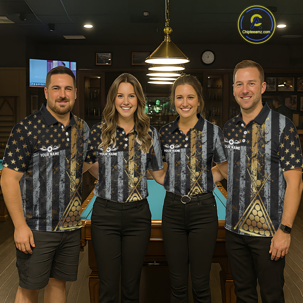 Custom Golden Grunge US Flag Patriotic Women's Billiard Shirt, 8 Ball Pool Jersey Polo & 1/4 Zip TDM6176