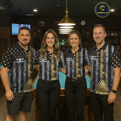 Custom Golden Grunge US Flag Patriotic Women's Billiard Shirt, 8 Ball Pool Jersey Polo & 1/4 Zip TDM6176