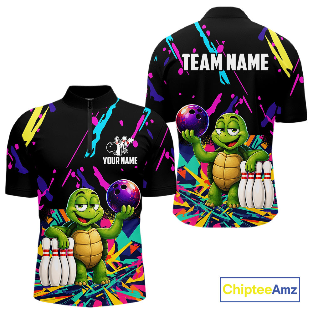 Colorful bowling quarter zip shirt with turtle design and customizable your name & team name