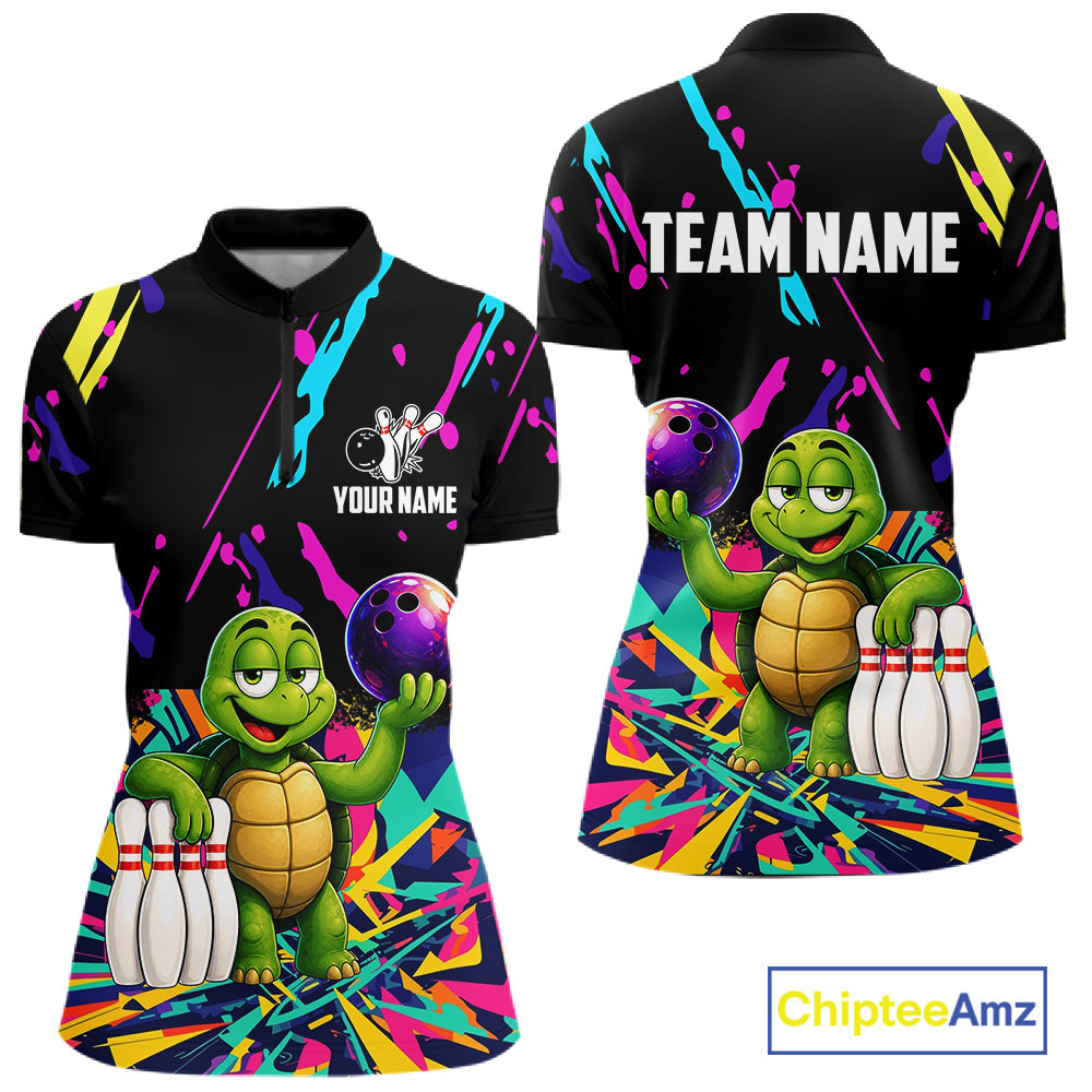Colorful bowling quarter zip shirt with turtle design and customizable your name & team name