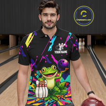 Load image into Gallery viewer, Man wearing a colorful bowling-themed shirt with a frog graphic in a bowling alley.