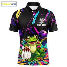Load image into Gallery viewer, Colorful bowling polo shirt with frog design and customizable your name &amp; team name