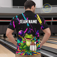 Load image into Gallery viewer, Person wearing a colorful bowling-themed shirt with a frog design in a bowling alley.
