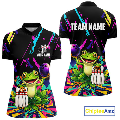 Colorful bowling quarter zip shirt with frog design and customizable your name & team name
