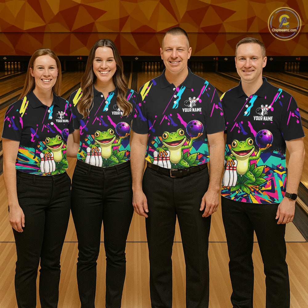 Four people wearing matching bowling-themed shirts with frog graphic in a bowling alley.