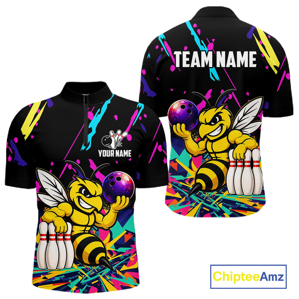 Colorful bowling quarter zip shirt with bee design and customizable your name & team name