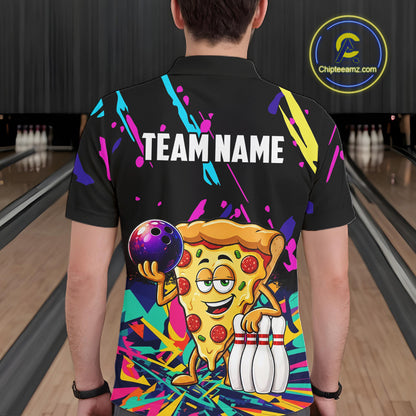 Person wearing a black bowling shirt with colorful design and pizza graphic in a bowling alley.