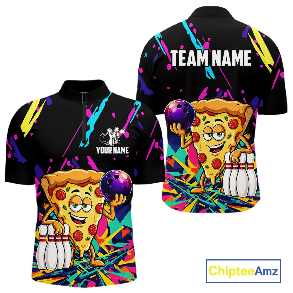 Colorful bowling quarter zip shirt with pizza design and customizable your name & team name