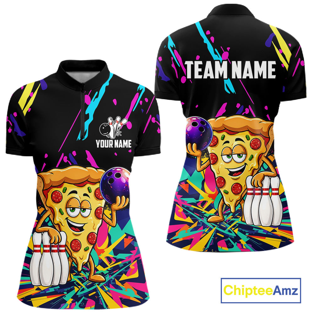 Colorful bowling quarter zip shirt with pizza design and customizable your name & team name